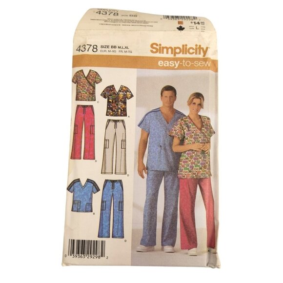 Simplicity 4378 Scrubs Sewing Pattern For Men & Women Size M-XL Easy To Sew Tops - Picture 1 of 9